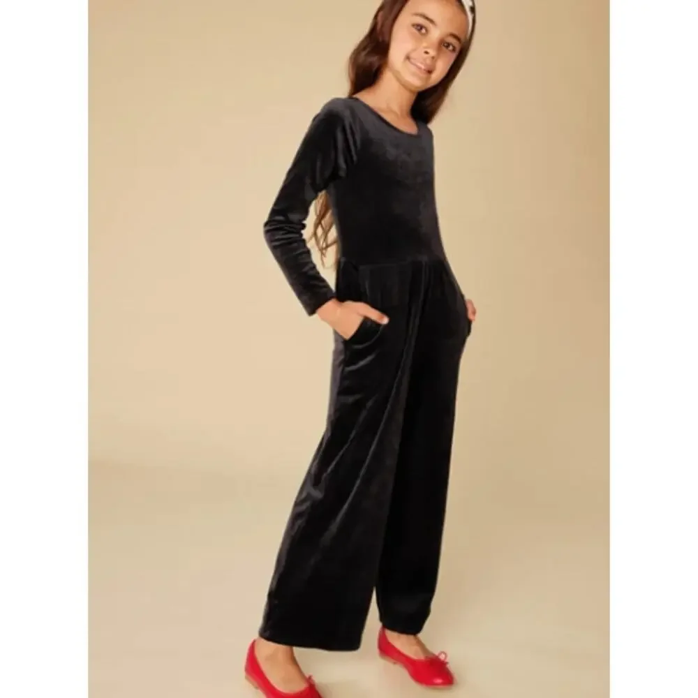 Just For Kicks Tea Collection Velour Jumpsuit Girl's 14 Black Wide Leg